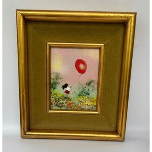 VNT LOUIS CARDIN SIGNED ENAMEL ON COPPER FRAMED PAINTING GIRL WITH RED BALLOON